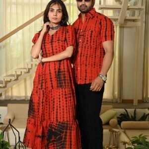 Couple Matching Red Printed Cotton Anarkali Midi Dress & Shirt Set ? Summer Casual Wear