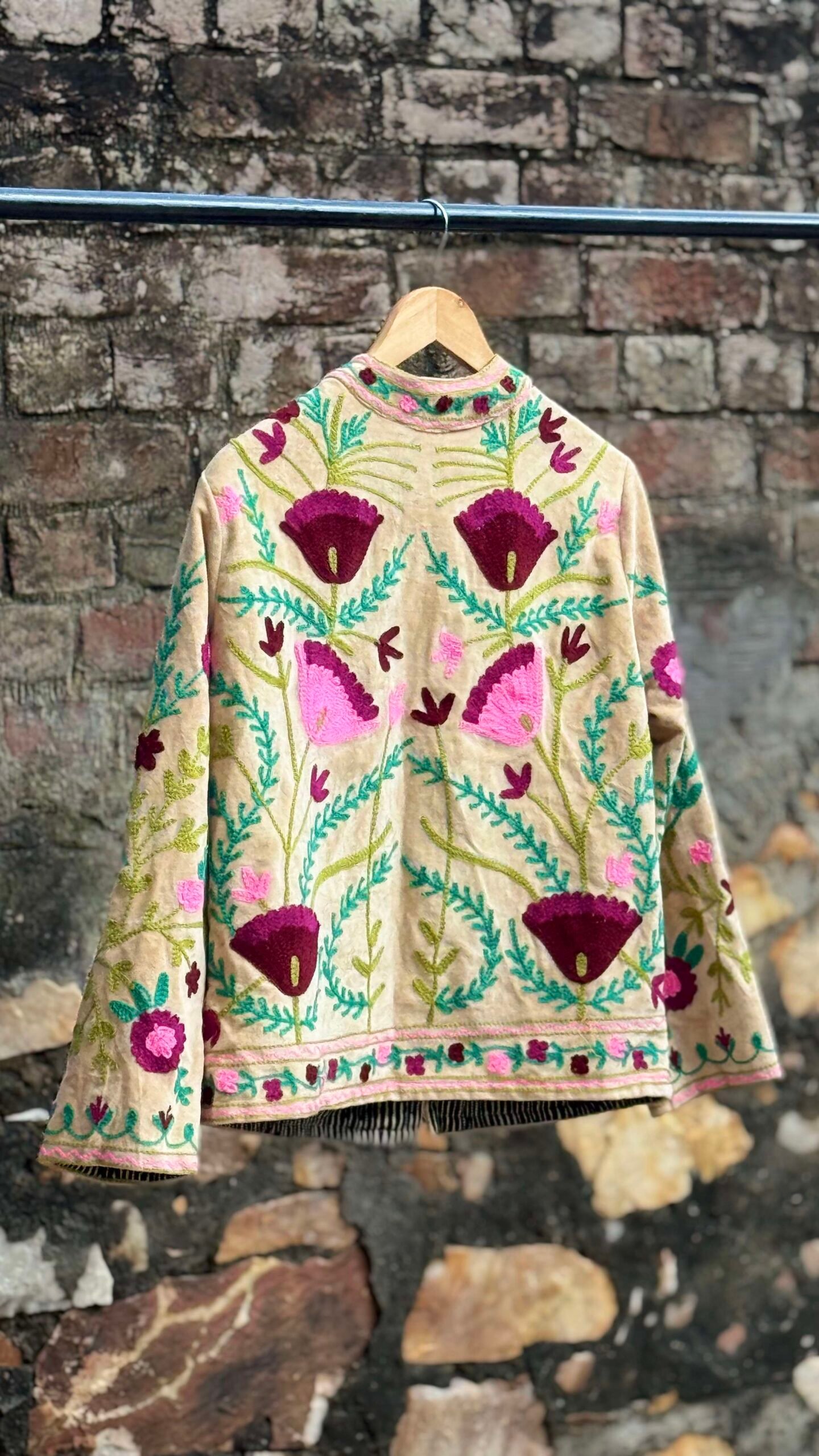 Womens Light Beige Velvet Embroidered Jacket with Floral Design