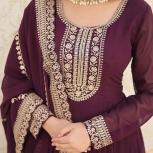 Wine Faux Blooming Sequins Embroidered Gown with Matching Dupatta ? Festive & Party Wear 2024
