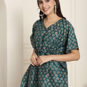Women's Chanderi Printed Kaftan Top With Bell Sleeve Dress (Green)